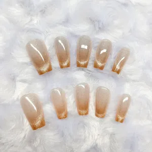 Uñas postizas de ataúd degradadas marrones hechas a mano, set de uñas de ojo de gato 10pcs