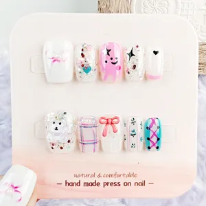 Uñas postizas hechas a mano set de 10 piezas con lindo oso 3D lazo brillo y diseño de cuadros.