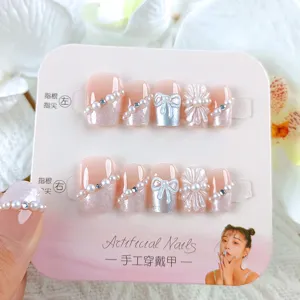 Uñas a Presión Degradado Rosa Nude Lazo Con Perla Artificial Strass Flor de Cristal Decorativo Uñas para Mujer Fiesta Joyería