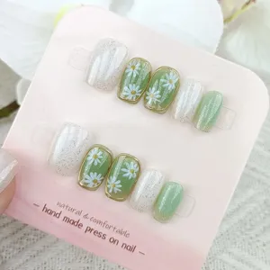 Uñas postizas verdes con margaritas hechas a mano press on nails 10pcs set de manicura