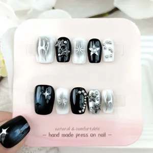 Y2K Uñas postizas hechas a mano negro blanco estrella de metal nail art 10 pzas uñas postizas