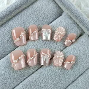 Set de uñas postizas hechas a mano, 10 pzs uñas postizas con lazos 3D perlas y flores.