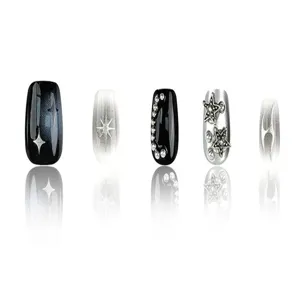 Y2K Plata Metálico Uñas Postizas Set Estrella Diamantes De Imitación Ojo De Gato Puntas