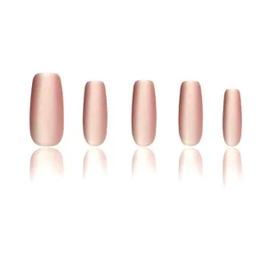 Detailed view of handmade velvet pink press-on nails in ballerina shape with matte finish.
