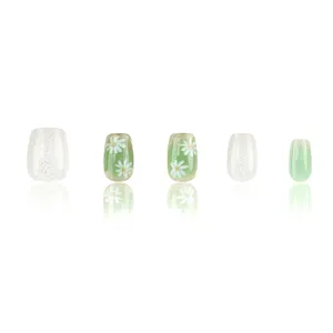 Uñas postizas hechas a mano con bonito diseño de margaritas y purpurina, estilo bailarina.