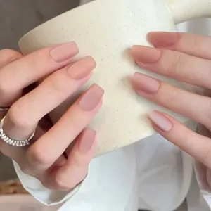 Matte pink press-on nails blush velvet cat eye trapezoid fake nails chic minimalist style