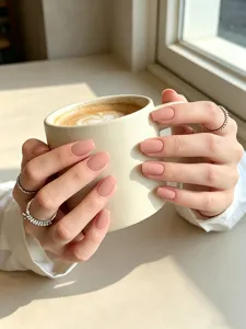 Matte pink ballerina press on nails detail showing elegant handmade artificial nail design.
