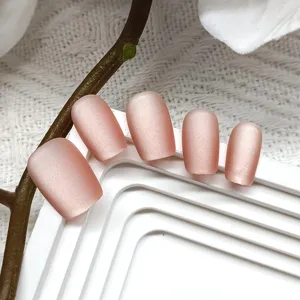 Handmade matte pink ballerina press on nails, cat eye frosted fake nails detail display.