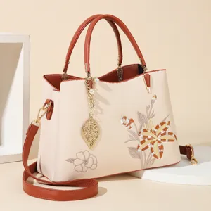Detailed view of the elegant embroidered women handbag with top handle and stylish floral design.