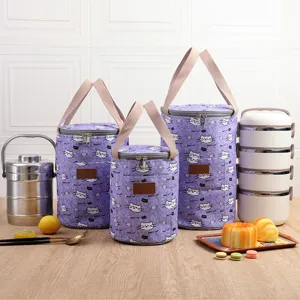 Japanese round lunch bag insulated cooler tote cute cat pattern thick aluminum foil