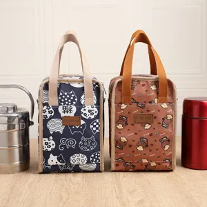 Thermal lunch bag with cute cat and bear print waterproof tote for office food storage container