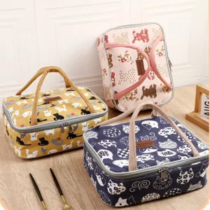 Insulated canvas lunch bag with cute cat print, portable bento organizer for students.