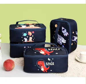 Cartoon space pattern insulated lunch bag with aluminum foil lining for students and office workers.