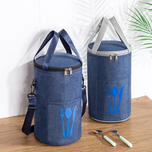 Cylindrical insulated lunch bag with aluminum foil lining, waterproof bento handbag