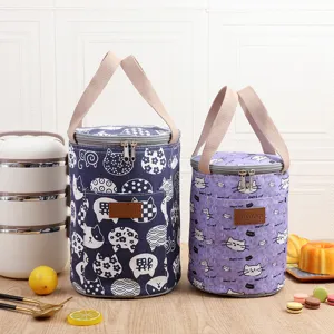 Japanese style round lunch bag insulated bento bag cute cat pattern portable food storage organizer