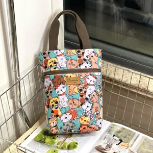 Waterproof cute cartoon cat print handbag detail, convenient cup and umbrella bag.