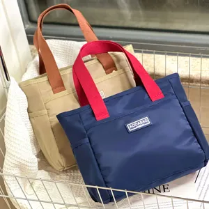 Korean style contrast color canvas handbag, casual commute tote bag, lunch bag for daily use.
