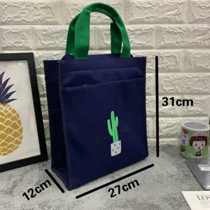 Bolso tote de lona bolso de estudiante multicorche bolsa de almuerzo con cactus bordado.