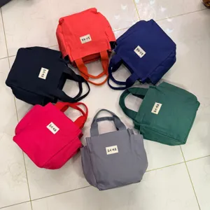 Canvas lunch bag, Korean style portable handbag, large capacity solid color picnic tote bag.