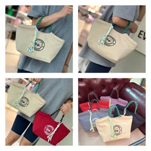 Waterproof canvas lunch bag handbag commuter bento bag with colorful braided handles.