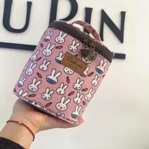 Pink cute rabbit print insulated lunch bag waterproof cosmetic storage box with top handle