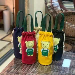 Sac à Main à Cordon Imprimé Ours de Cartoon en Toile Mignon Sac de Tasse d'Eau Poche de Rangement