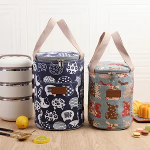 Japanese Style Insulated Lunch Bag Cute Cartoon Animal Canvas Thermal Tote Bag Portable Food Storage Bag For Women