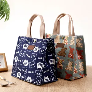 Japanese style canvas lunch bag women cute cartoon handbag portable storage tote bag for work
