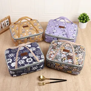 Japanese Style Canvas Insulated Lunch Bag Cute Cartoon Animal Print Portable Thermal Bento Bag With Aluminum Foil Lining
