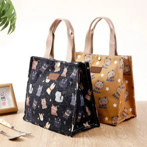 Japanese style canvas tote bag, cute cartoon print lunch bag, small storage handbag for women.