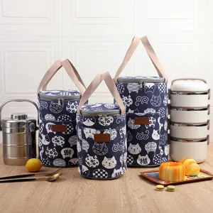 Insulated lunch bag Japanese round canvas portable cute cat pattern thick thermal bento storage