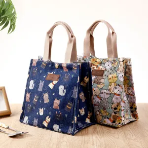 Japanese Style Canvas Lunch Bag Cute Cartoon Cat Tote Bag Insulated Portable Bento Pouch Student Office Handbag