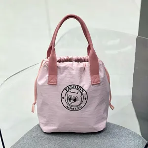Waterproof pink canvas bucket lunch bag with cute bear logo print for daily commuting