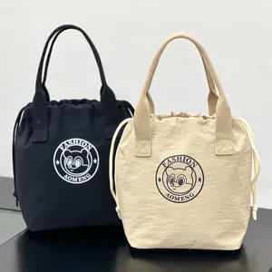 Women Canvas Waterproof Drawstring Tote Bag Cute Cartoon Bear Print Lunch Box Handbag Commuter Bucket Bag
