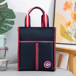 Insulated lunch bag with thick aluminum foil, durable blue tote bag with red stripe for office school.