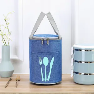 Round insulated lunch bag waterproof Oxford bento tote container for daily meal prep outdoor.