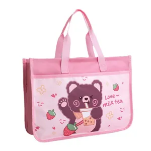 Bolso tote de lona rosa para oficina estudiantil, gran bolsa de documentos con estampado de oso.