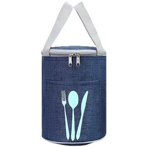 Round insulated lunch bag oxford cloth bento thermal container with cute tableware print blue