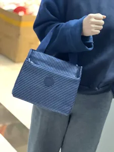 Detail van blauw geruite geïsoleerde lunchtas, draagbare bento tas met voorzak.