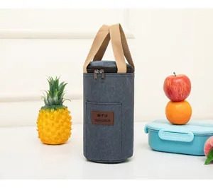 Detail shot of portable insulated lunch bag with front pocket and sturdy beige handles for daily use.
