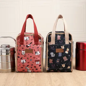 Waterproof canvas lunch bag cute cartoon cat insulated bento tote for work school picnic
