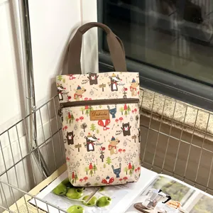 Waterproof canvas lunch bag cartoon animal print cute portable handbag water cup storage bag