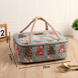 Canvas insulated lunch bag with cute bear pattern, thermal bento box tote for daily use.