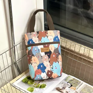 Waterproof cute cartoon bear print handbag portable cup bag daily storage tote bag.
