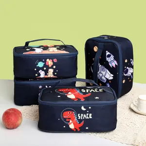 Cute cartoon space theme insulated lunch bag, portable bento tote for students daily use.