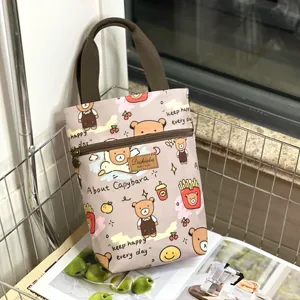 Detailed view of the cute cartoon capybara print waterproof canvas handbag zipper pocket.
