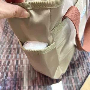 Detailed view of the casual color-blocked canvas lunch bag side pocket and strap texture.