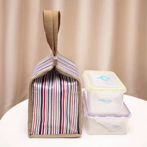 Thickened insulated lunch bag portable striped thermal cooler bag for food container storage.