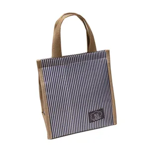 Insulated lunch bag with blue and white stripes, portable thermal bento box tote for work.