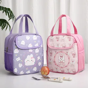 Cute cartoon insulated lunch bag with rabbit print, portable thermal bento tote for school.